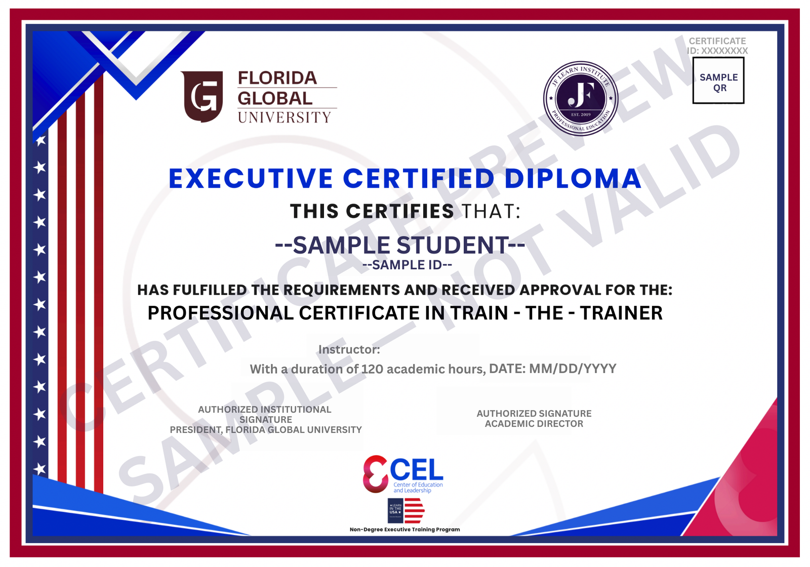 Modelo de muestra del certificado Professional Certificate in Train-the-Trainer — no válido